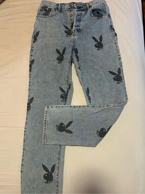PacSun Light Blue Straight Leg Jeans with Black Bunny Print